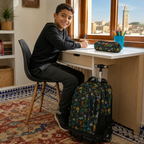Cartable à roulettes camouflage – garçon devant son collège