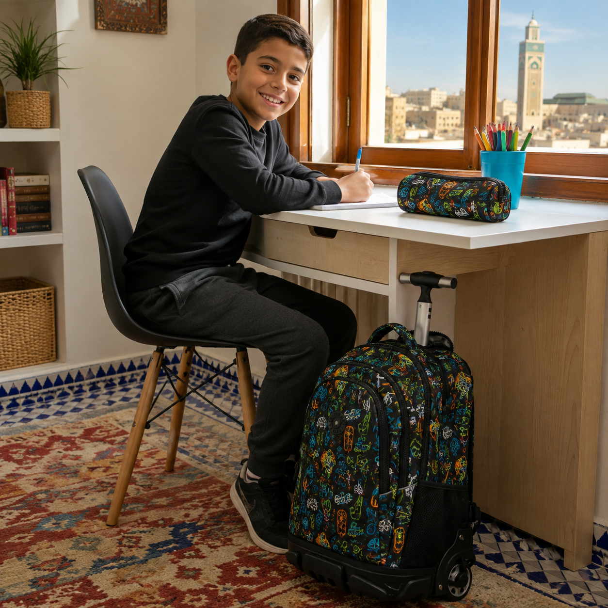 Cartable à roulettes camouflage – garçon devant son collège