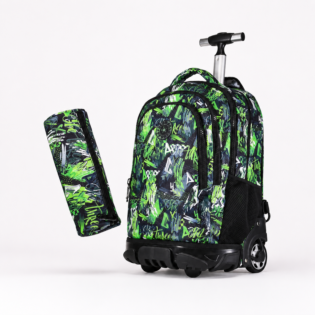Cartable à roulettes vert graffiti avec trousse assortie – vue produit