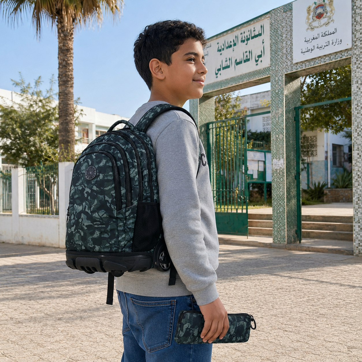Cartable à roulettes – vue détail roues et poignée télescopique