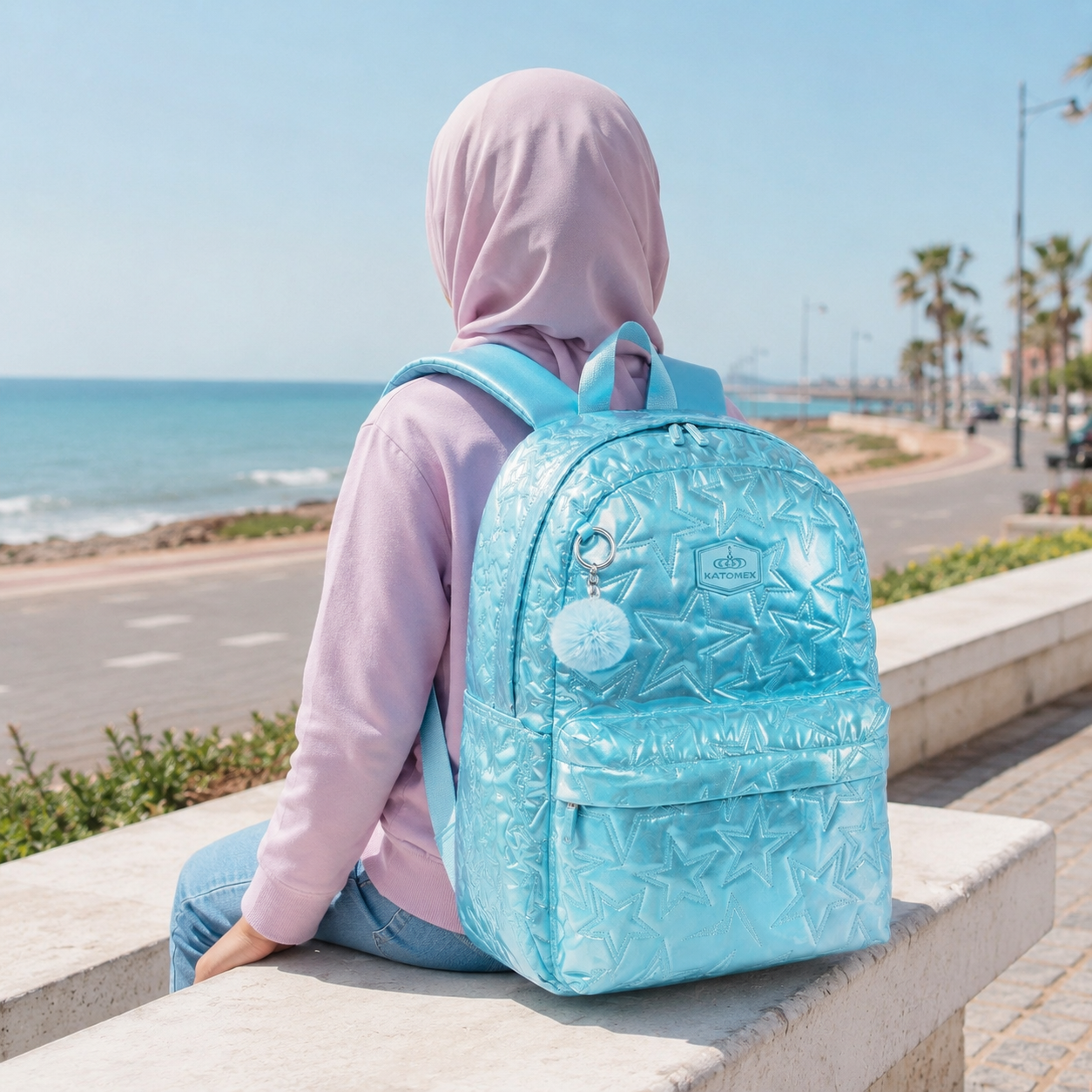 Sac à dos étoiles brillant bleu – vue de face portée